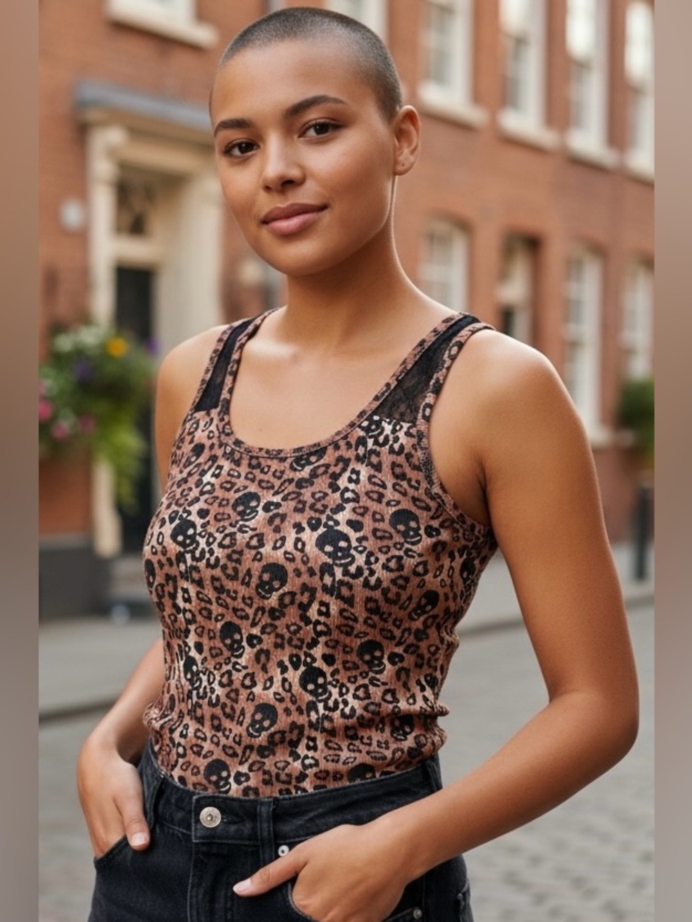 Eye Candy Tank Top, Size L, Skulls, Animal Print, And Black Lace. No Stains, EUC